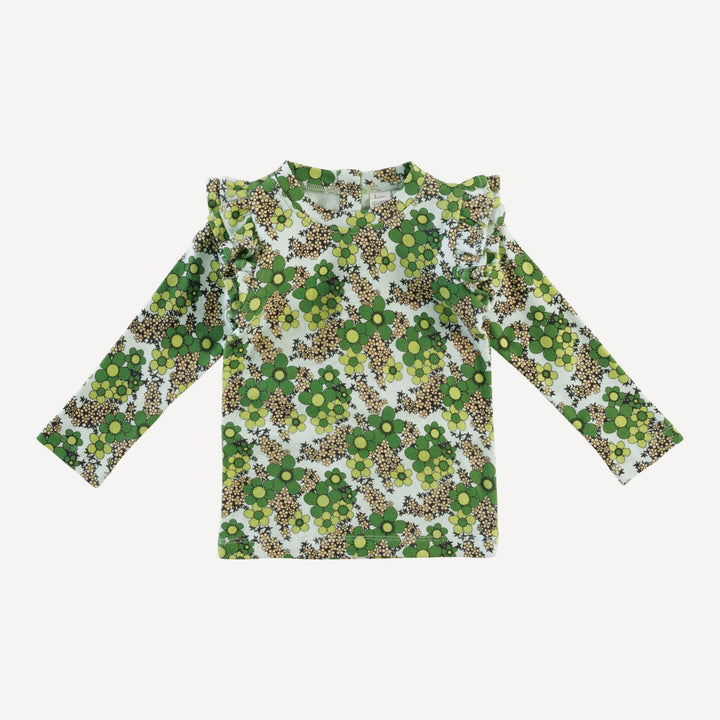 long sleeve double ruffle top | green granny floral | organic cotton interlock