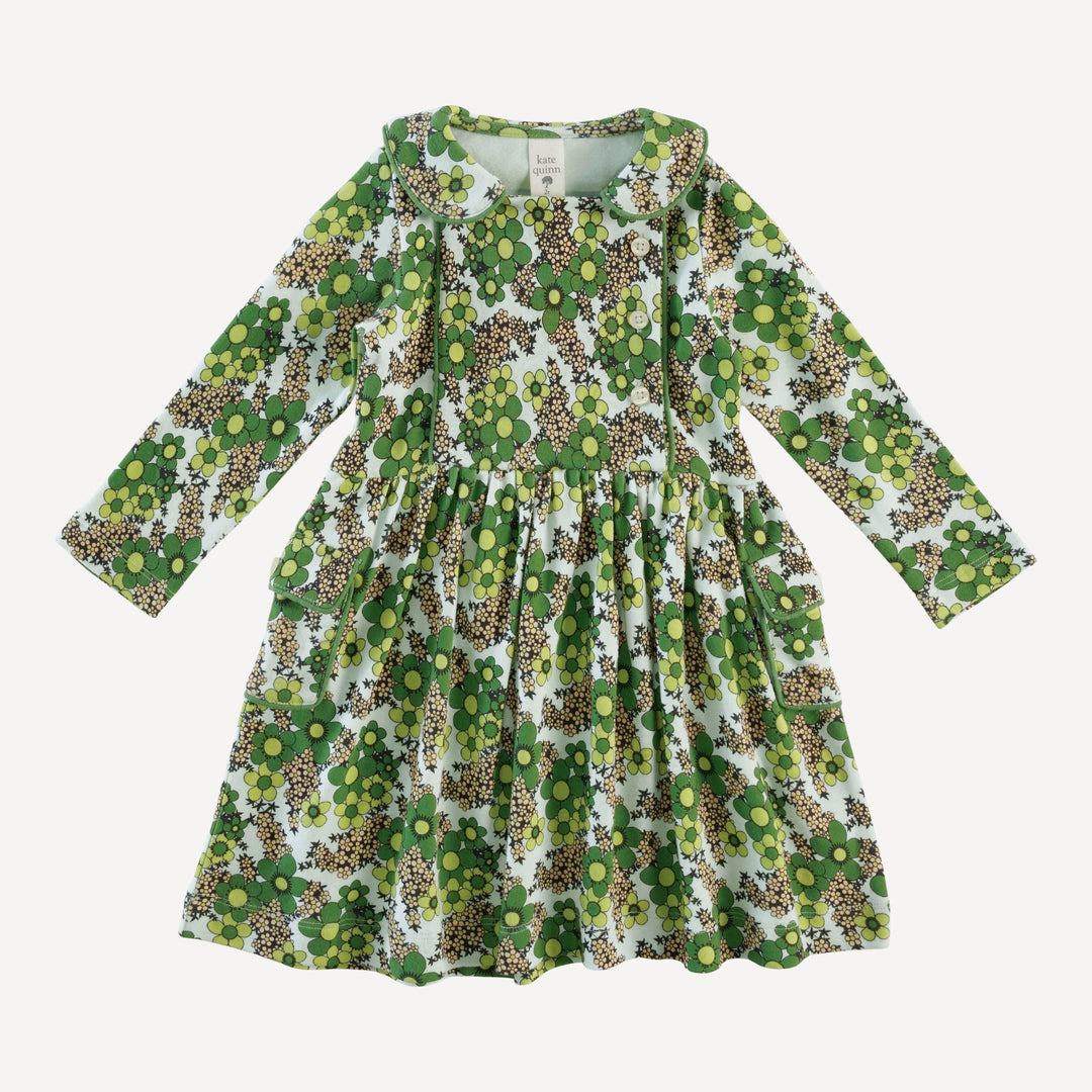 long sleeve peter pan apron dress | green granny floral | organic cotton interlock