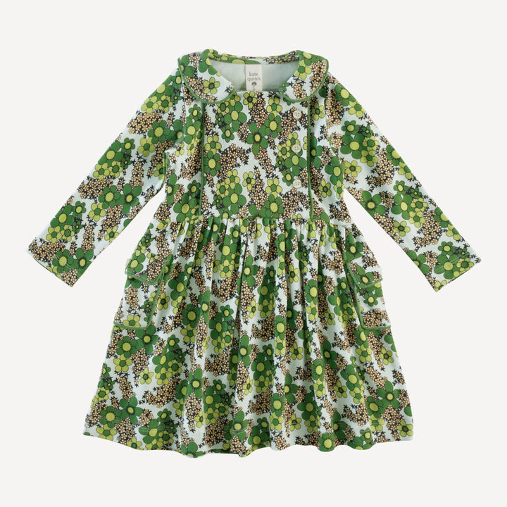 long sleeve peter pan apron dress | green granny floral | organic cotton interlock