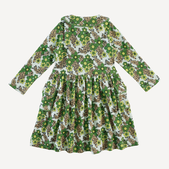 long sleeve peter pan apron dress | green granny floral | organic cotton interlock