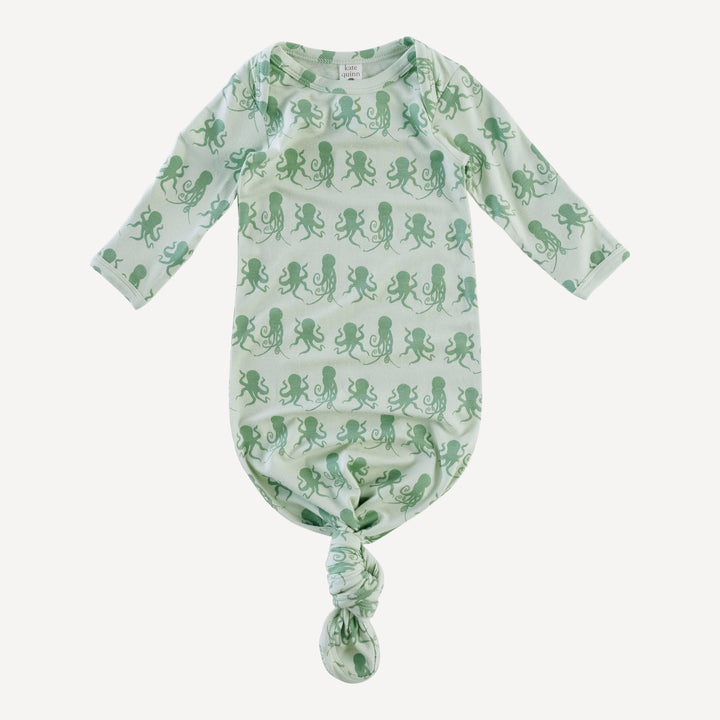 long sleeve lap neck knotted gown | green octopus | bamboo