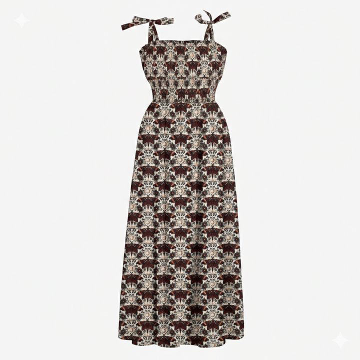 womens spaghetti tie winnie dress | dark butterfly night | organic cotton interlock