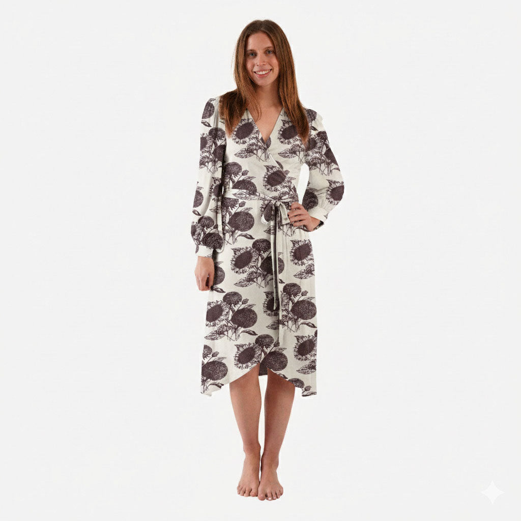 womens balloon sleeve midi wrap dress | raisin sunflower | organic cotton interlock
