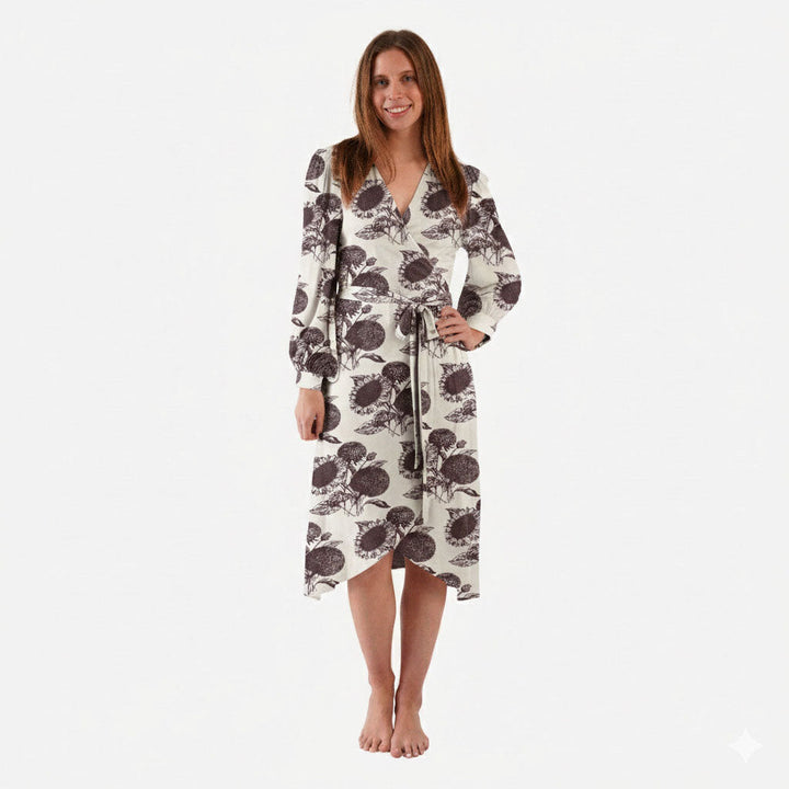 womens balloon sleeve midi wrap dress | raisin sunflower | organic cotton interlock