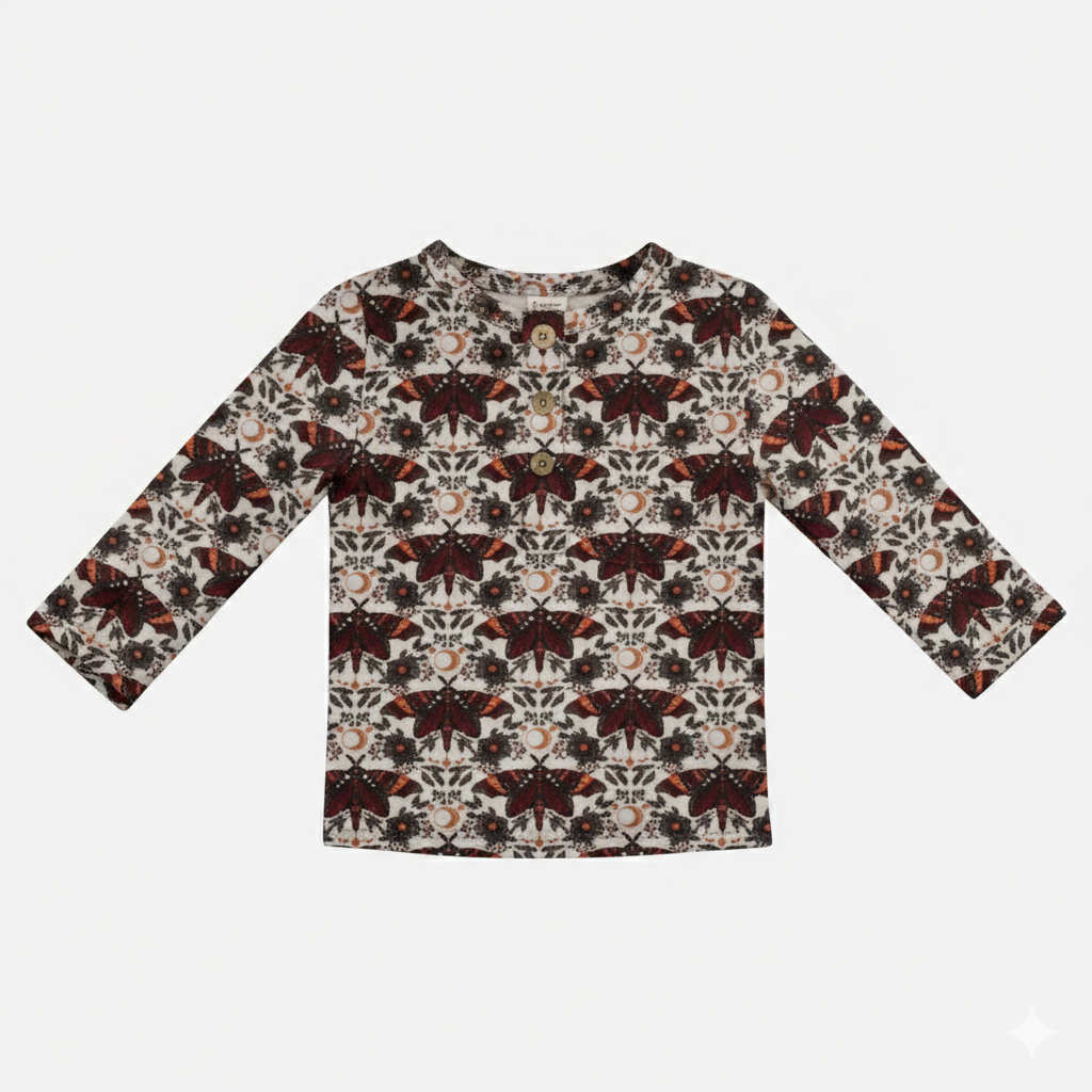 long sleeve basic henley tee | dark butterfly night | organic cotton interlock