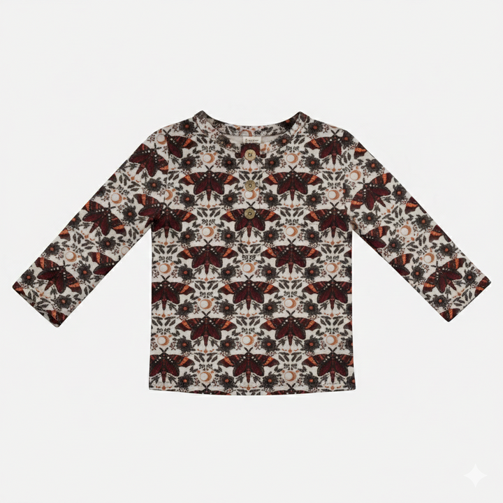 long sleeve basic henley tee | dark butterfly night | organic cotton interlock