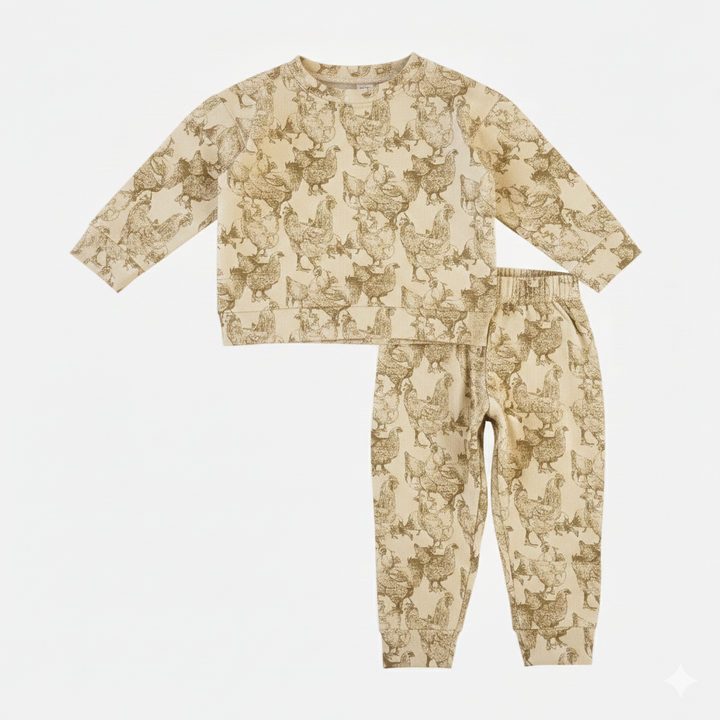 long sleeve cuffed jogger set | chicken party | organic cotton jersey