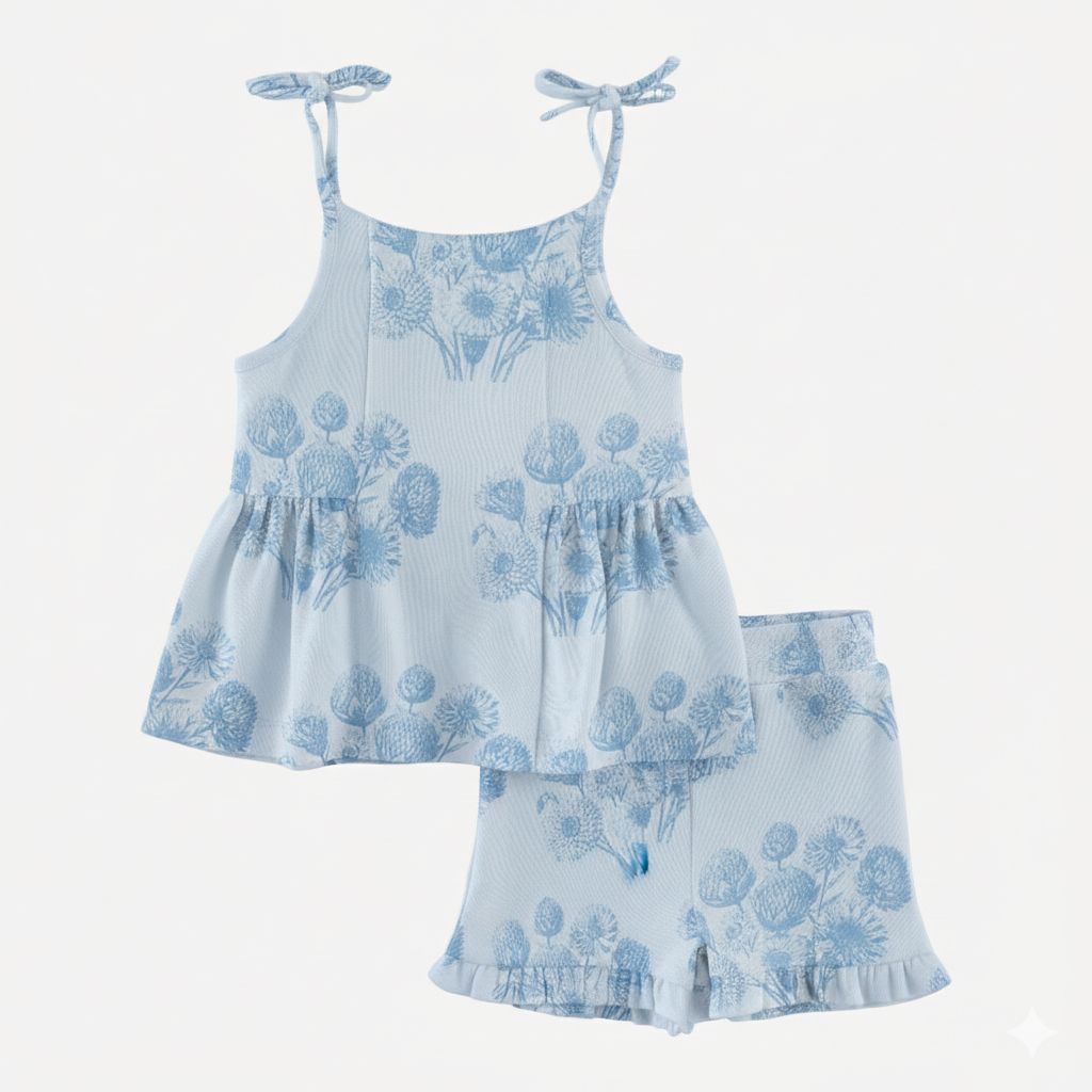 spaghetti tie ballerina top + ruffle short set | blue dahlia | organic cotton jersey