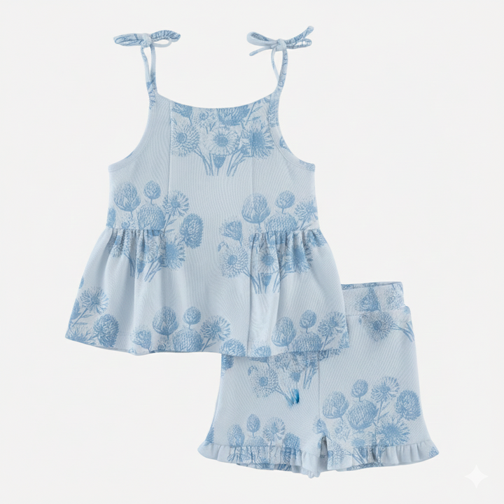 spaghetti tie ballerina top + ruffle short set | blue dahlia | organic cotton jersey