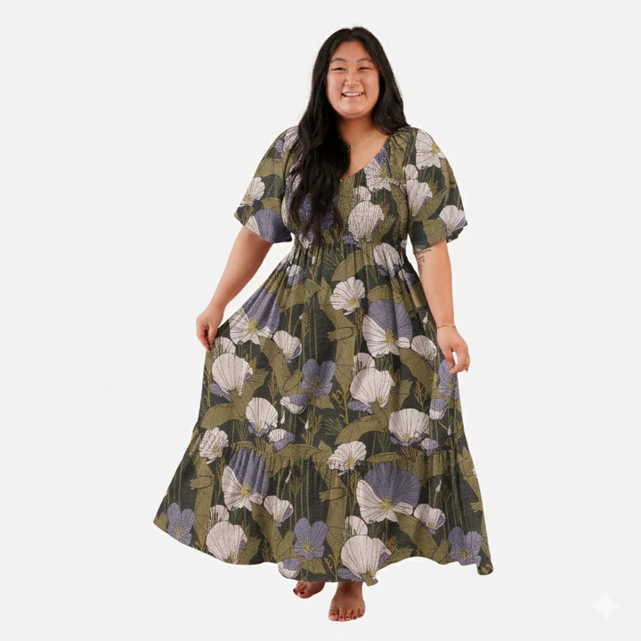 womens flutter sleeve smocked midi dress | poppy bats | organic cotton interlock