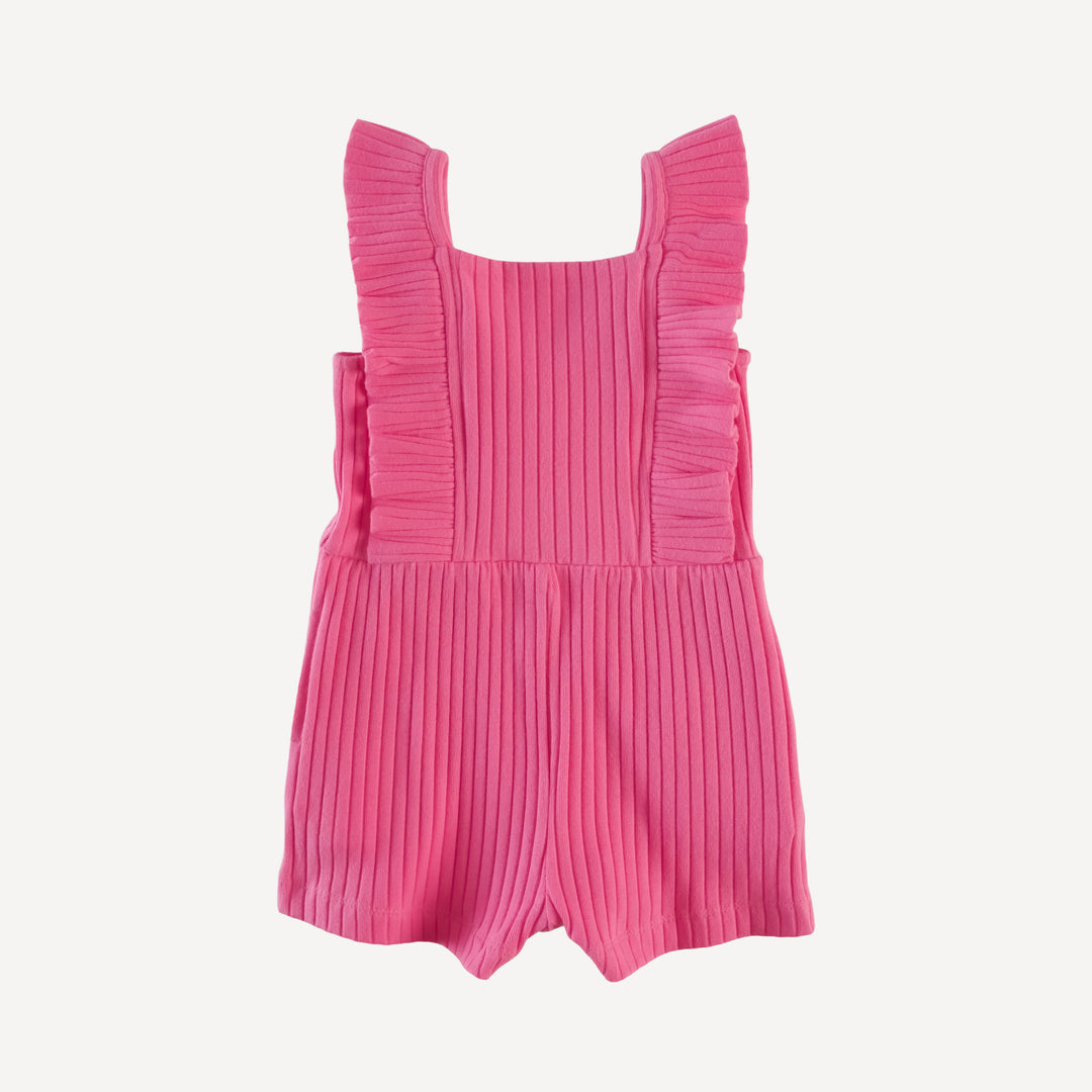 pinafore ruffle romper | hibiscus flower | organic cotton wide rib