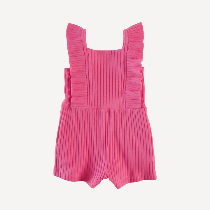 pinafore ruffle romper | hibiscus flower | organic cotton wide rib