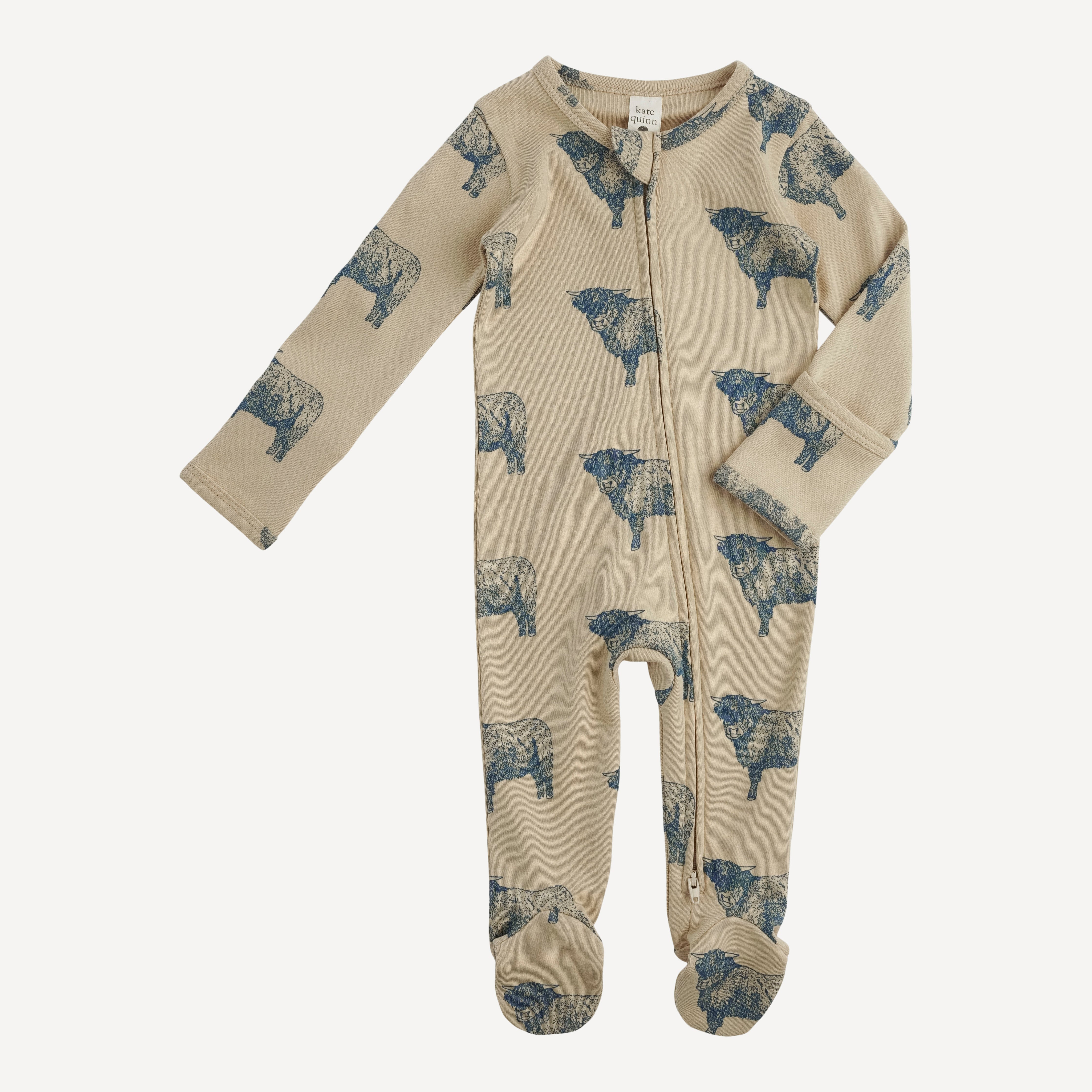 long sleeve two way zipper footie | highland cow | organic cotton
