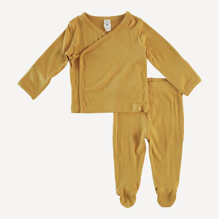 long sleeve wrap top and footed pant set | honey mustard | modal skinny rib