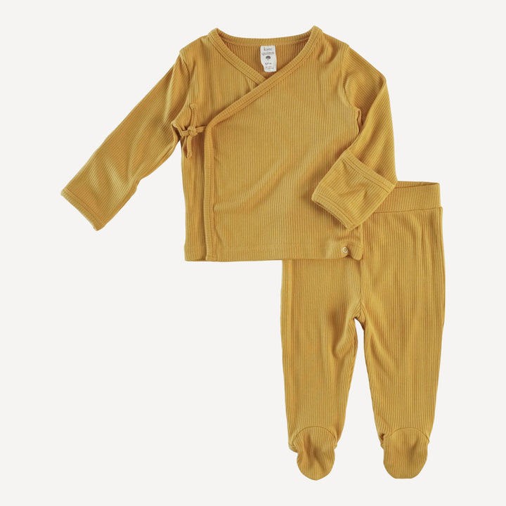 long sleeve wrap top and footed pant set | honey mustard | modal skinny rib