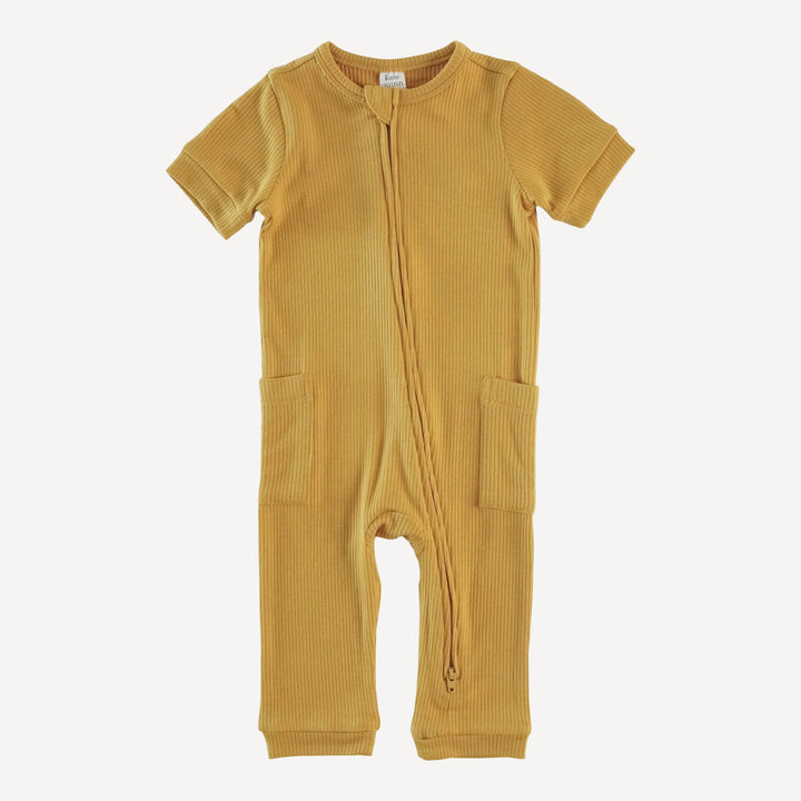 short sleeve zipper jumpsuit | honey mustard | modal skinny rib