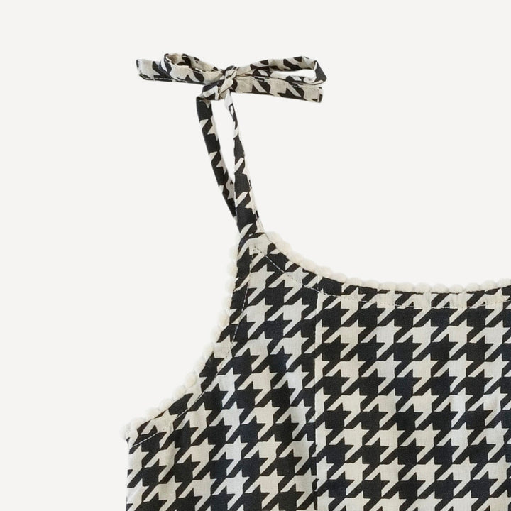 spaghetti tie ballerina pom pom bubble | houndstooth | organic cotton woven