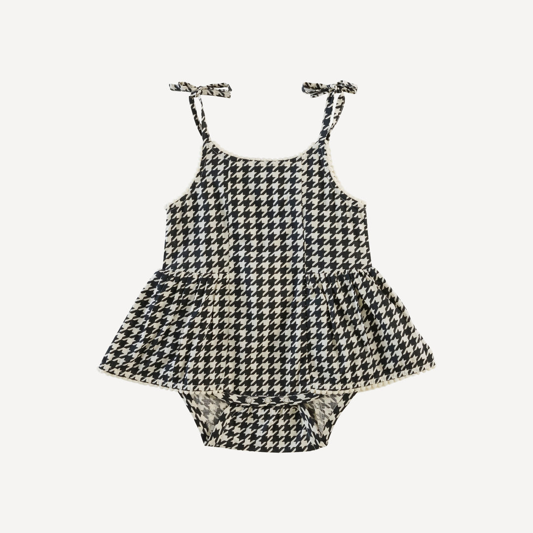 spaghetti tie ballerina pom pom bubble | houndstooth | organic cotton woven
