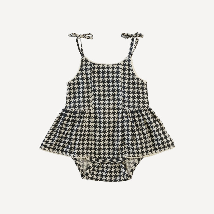 spaghetti tie ballerina pom pom bubble | houndstooth | organic cotton woven