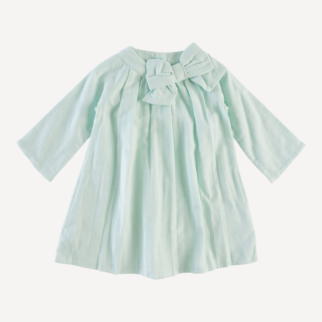 long sleeve pleated bow dress | ice cap | organic cotton gauze