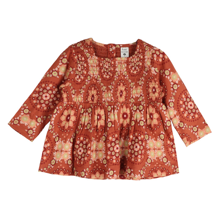 long sleeve square neck smocked top | 70s floral wallpaper | bamboo