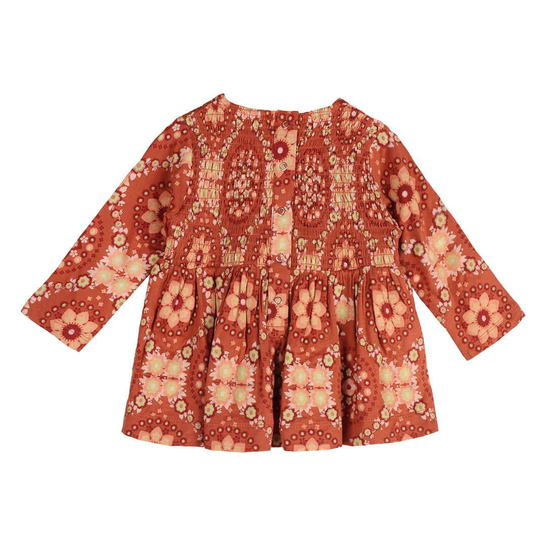 long sleeve square neck smocked top | 70s floral wallpaper | bamboo