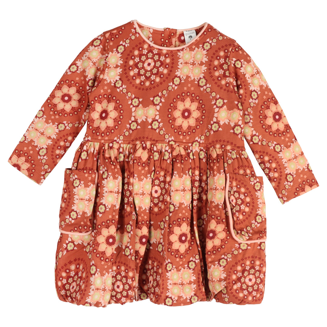 long sleeve piped cargo pocket dress | 70s floral wallpaper | bamboo