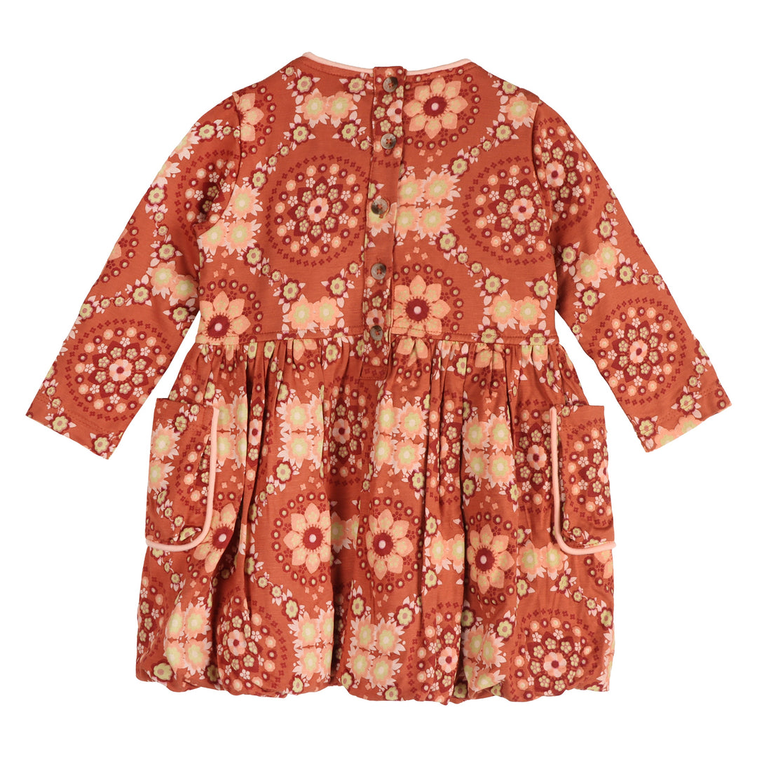 long sleeve piped cargo pocket dress | 70s floral wallpaper | bamboo