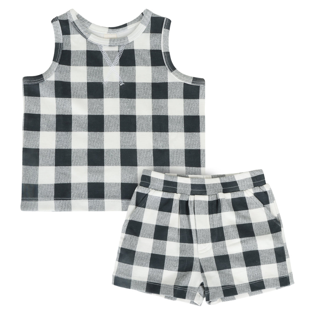 topstitch tank + relaxed short set | blue gingham | organic cotton interlock