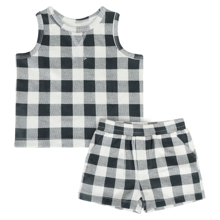topstitch tank + relaxed short set | blue gingham | organic cotton interlock