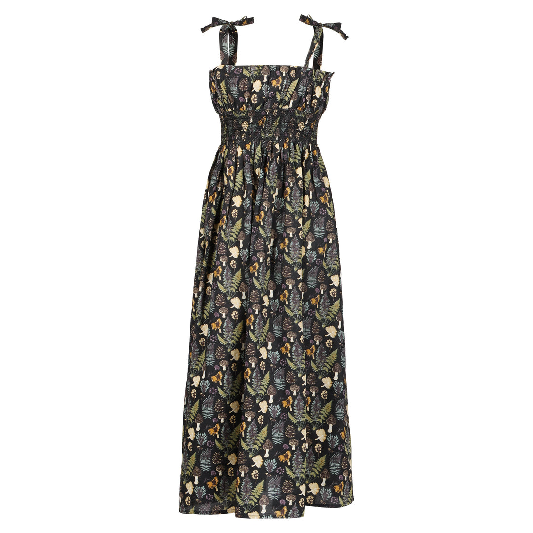 womens spaghetti tie winnie dress | black autumn botanical | organic cotton woven