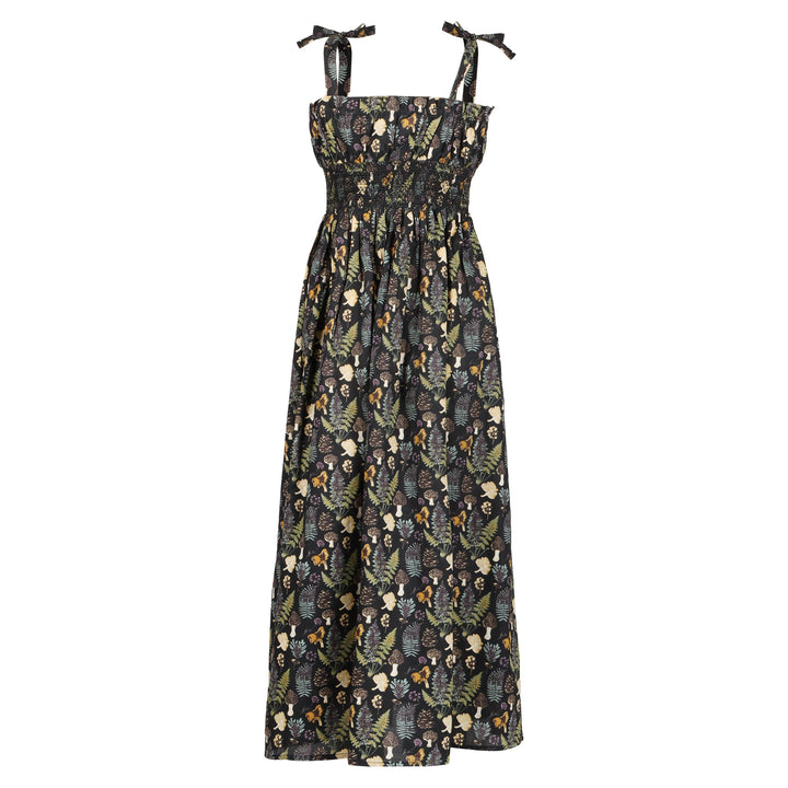 womens spaghetti tie winnie dress | black autumn botanical | organic cotton woven