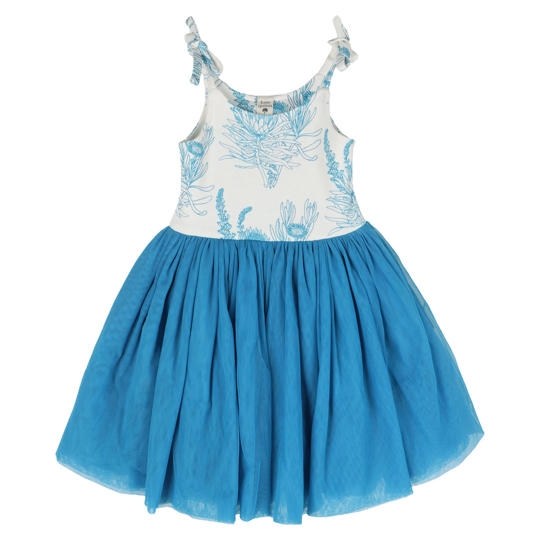 spaghetti tie ballerina tulle dress | blue proteas | organic cotton interlock
