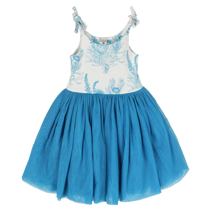 spaghetti tie ballerina tulle dress | blue proteas | organic cotton interlock