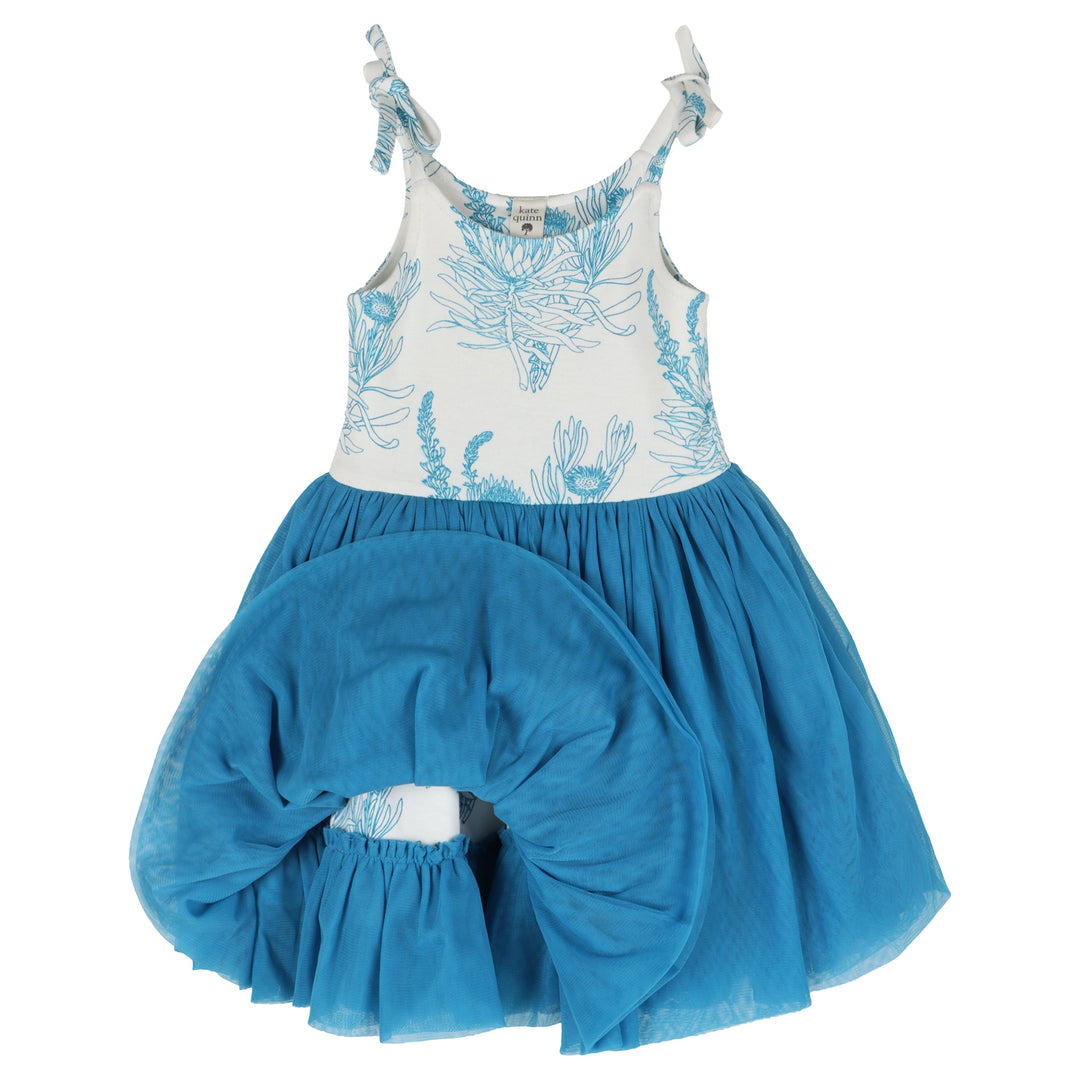 spaghetti tie ballerina tulle dress | blue proteas | organic cotton interlock