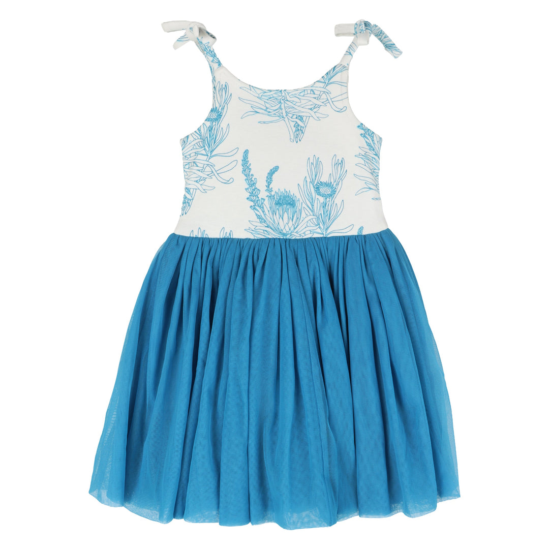 spaghetti tie ballerina tulle dress | blue proteas | organic cotton interlock