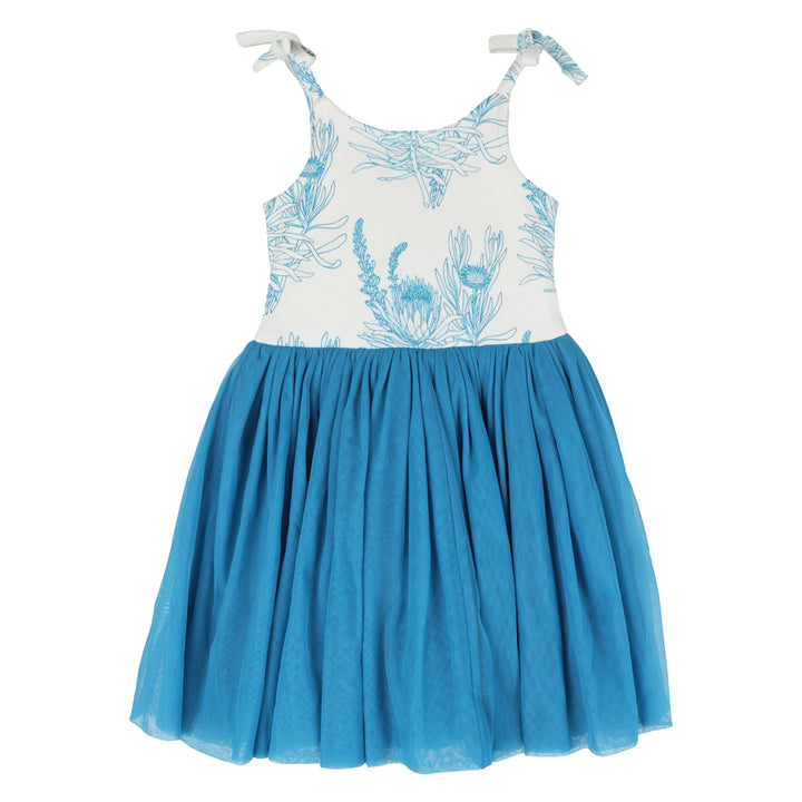 spaghetti tie ballerina tulle dress | blue proteas | organic cotton interlock