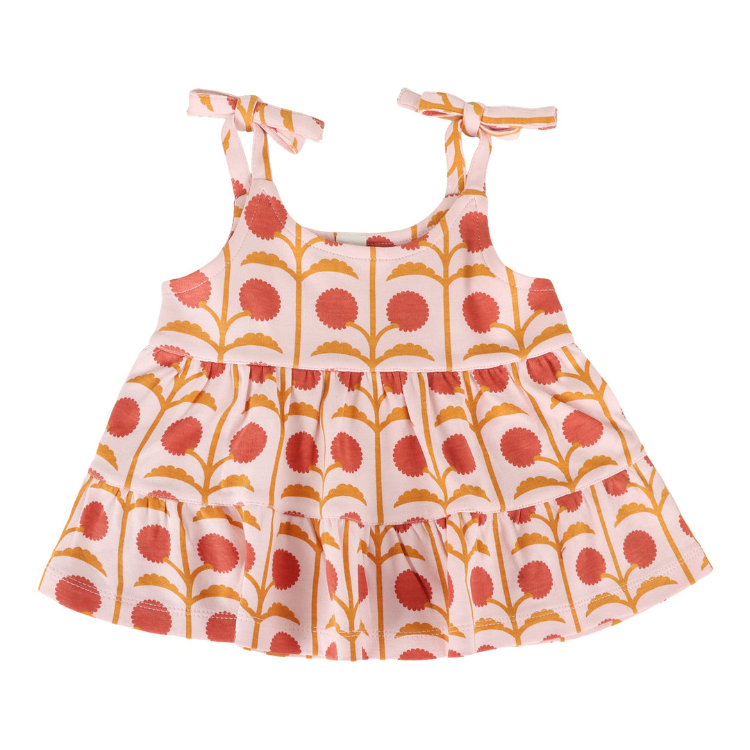 spaghetti tie prairie top + bike short set | pink dandelion puff | organic cotton interlock