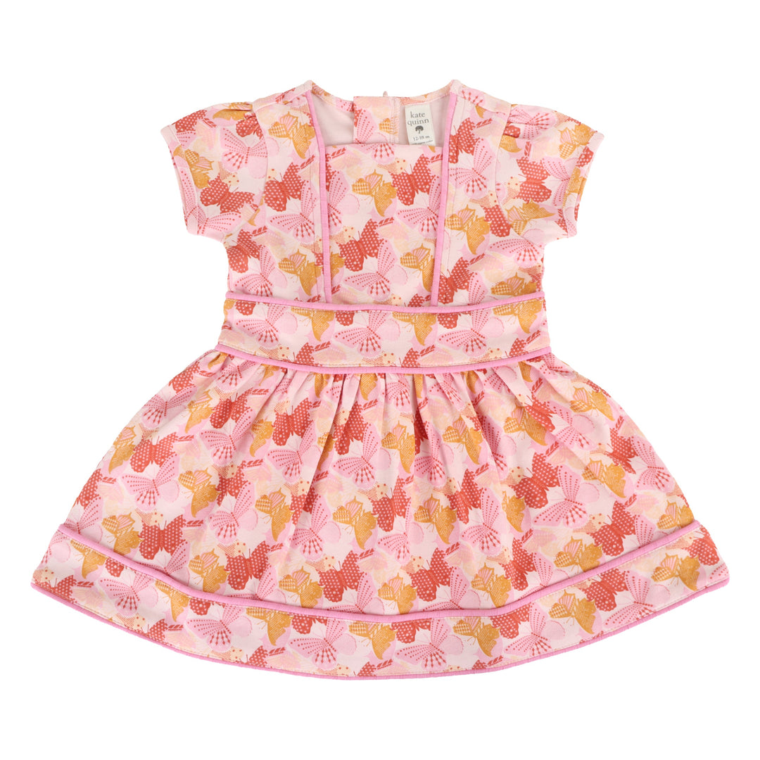 short puff sleeve piped square neck dress | small mod butterflies | organic cotton interlock