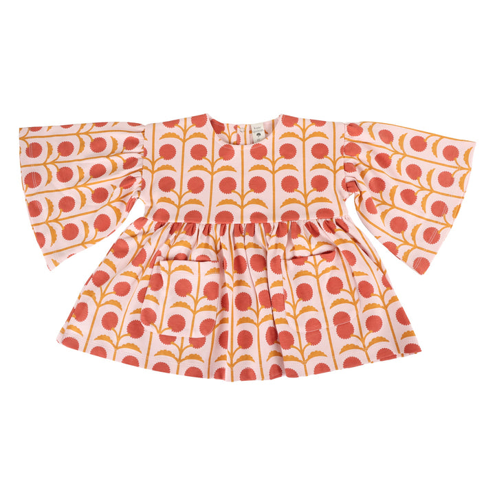 bell sleeve gathered tunic | pink dandelion puff | organic cotton interlock