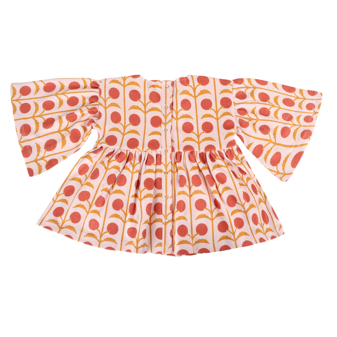 bell sleeve gathered tunic | pink dandelion puff | organic cotton interlock