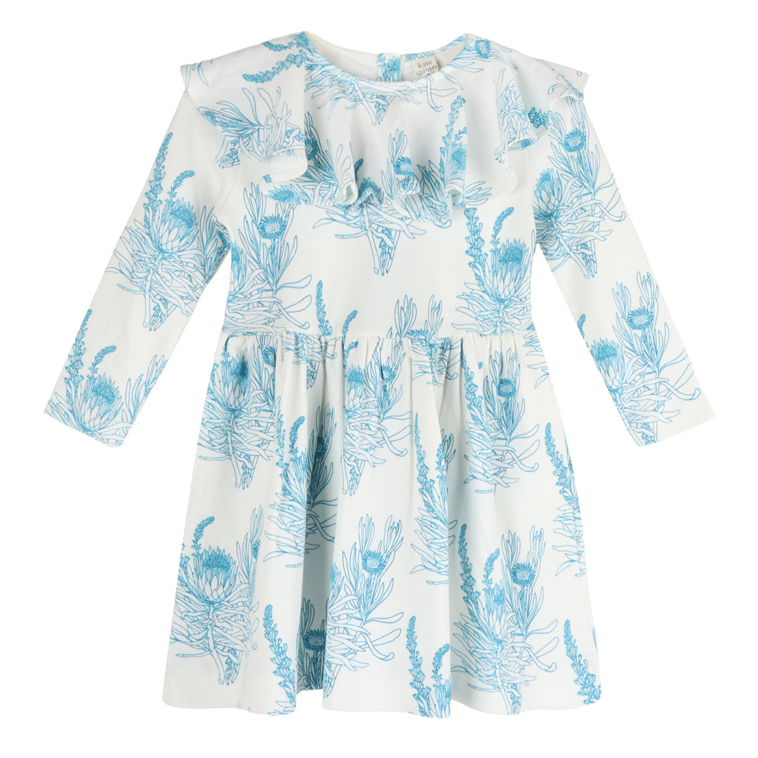 long sleeve circle collar dress | blue proteas | organic cotton interlock