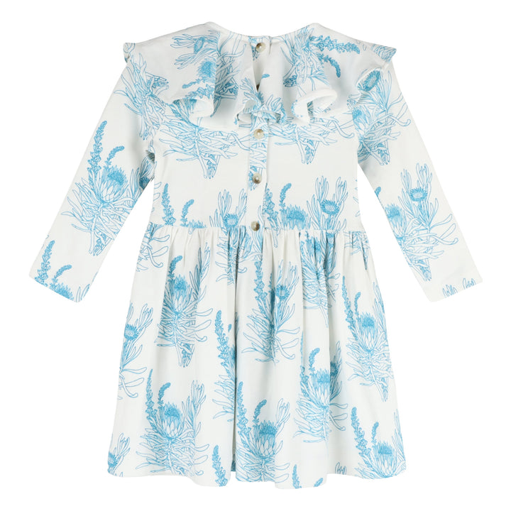 long sleeve circle collar dress | blue proteas | organic cotton interlock