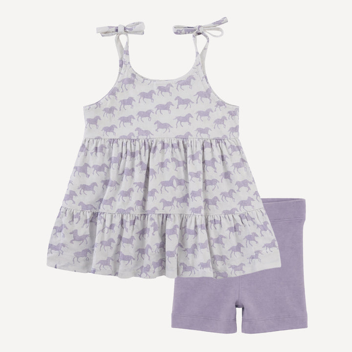 spaghetti tie prairie top + bike short set | lavender horses | organic cotton jersey