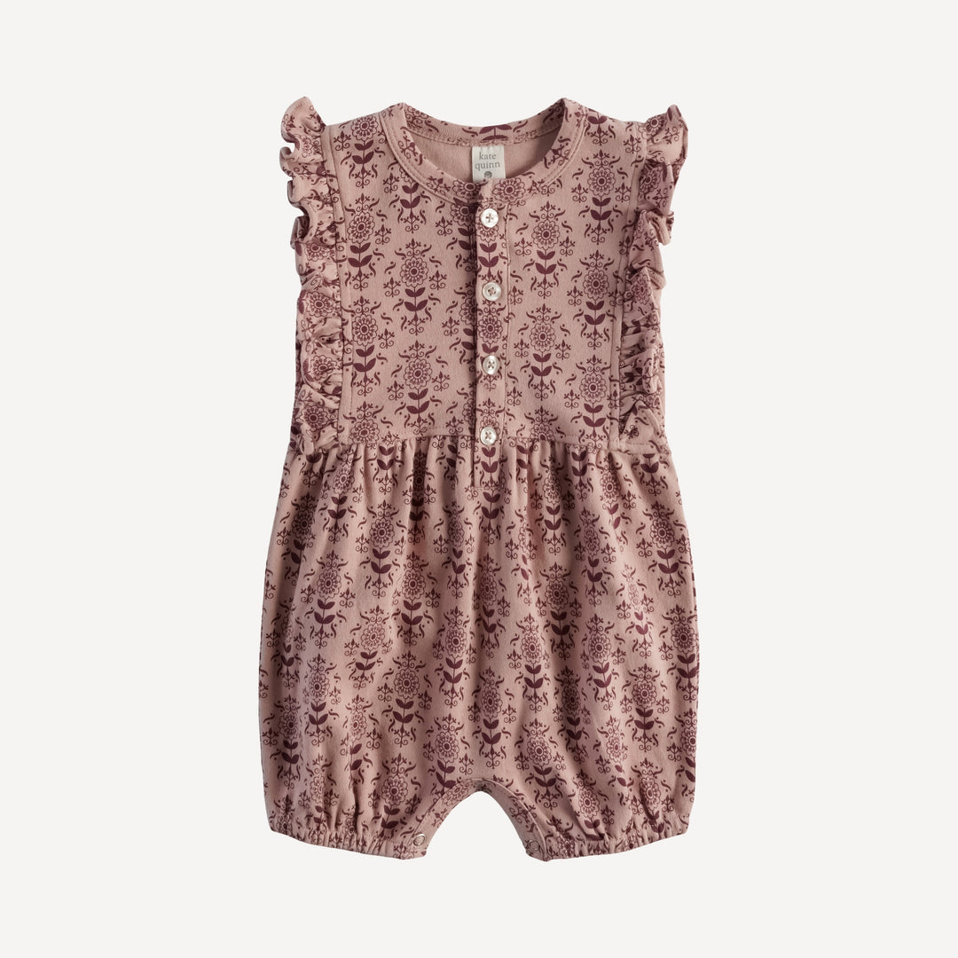ruffle button pinafore bubble | rose folk wallpaper | organic cotton jersey