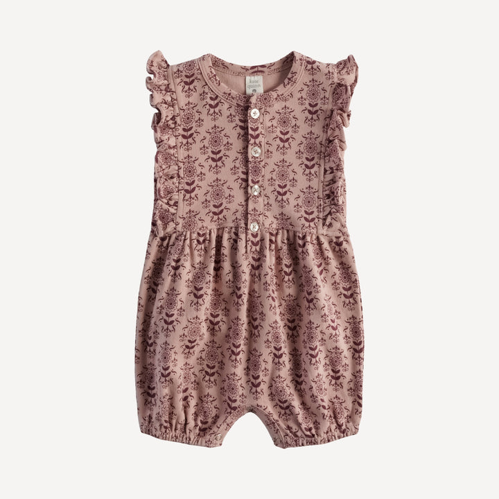 ruffle button pinafore bubble | rose folk wallpaper | organic cotton jersey