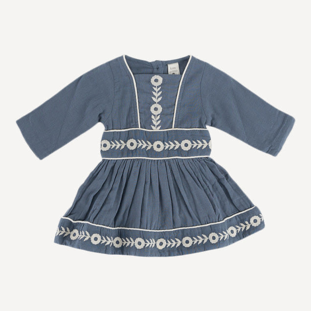long puff sleeve piped square neck embroidered dress | london blue | organic cotton gauze