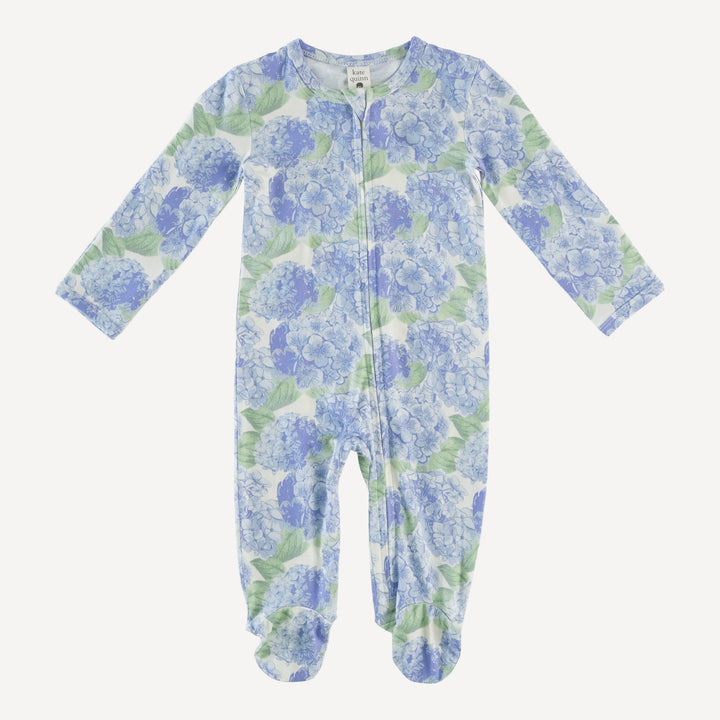 PREORDER long sleeve two way zipper footie | blue hydrangea | bamboo