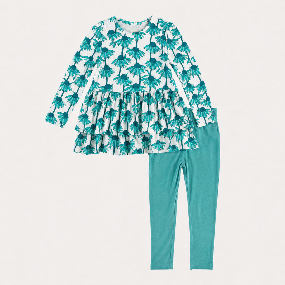 PREORDER long sleeve double skirted ruffle top + legging set | teal echinacea | bamboo