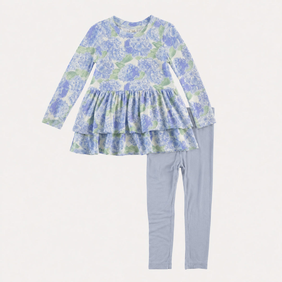 PREORDER long sleeve double skirted ruffle top + legging set | blue hydrangea | bamboo